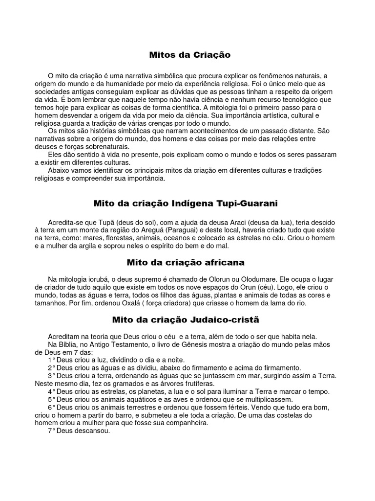 Mitos Da Criação Pdf Narrativa Da Criação Do Gênesis Terra