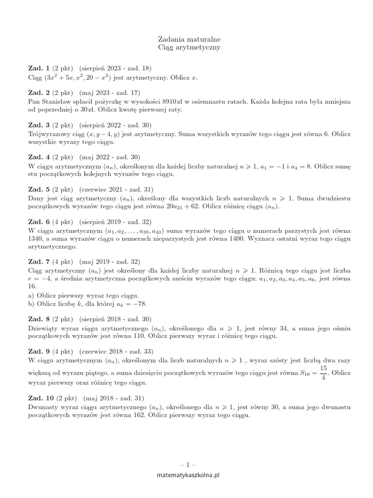 Ciąg Arytmetyczny Zadania Otwarte Pdf