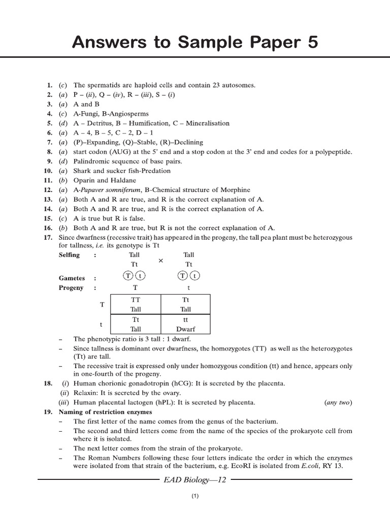 Cbse Cl12 Ead Biology Answers To Sample Paper 5 | PDF