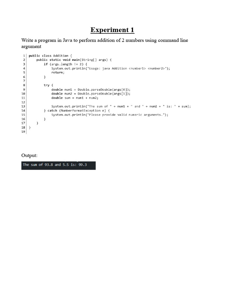 Experiment 1: Write A Program in Java To Perform Addition of 2 Numbers ...