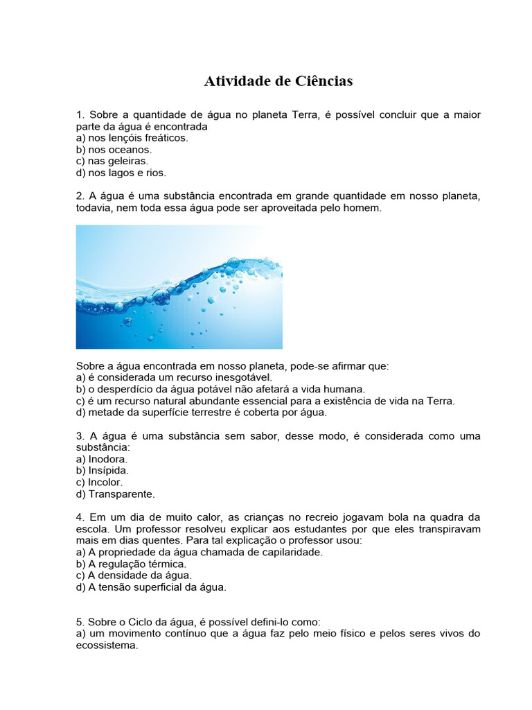 Atividade de Ciências - água | PDF | Água | Propriedades da água