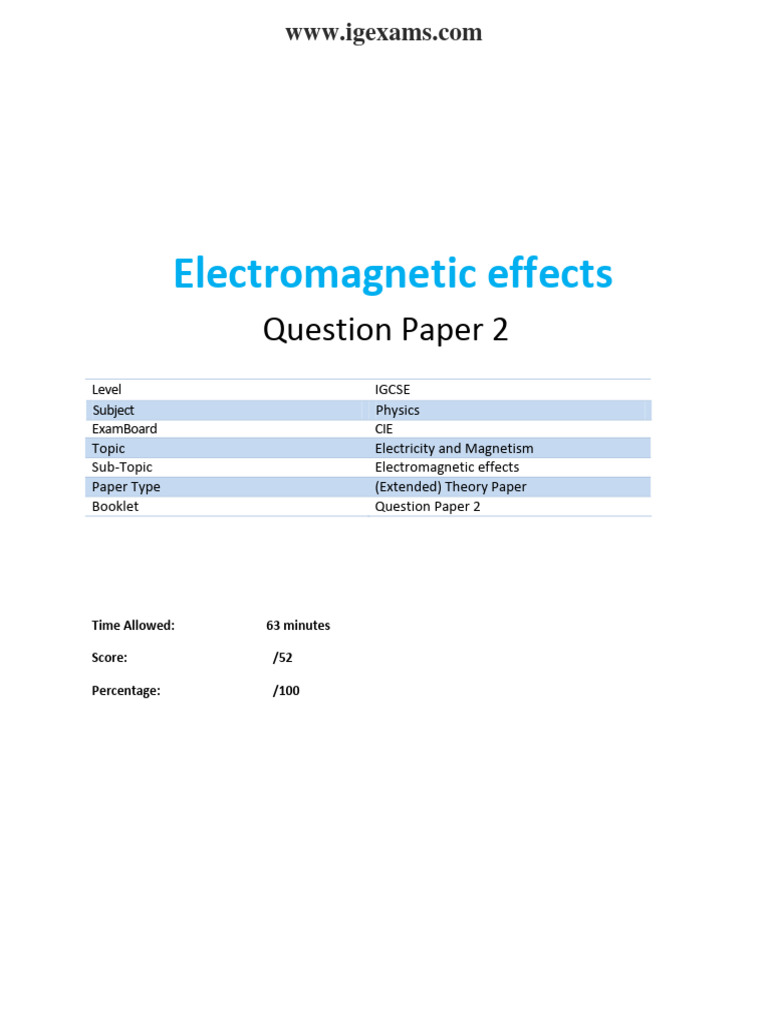 IGCSE Electromagnetic Effects Exam Paper | PDF | Inductor | Transformer