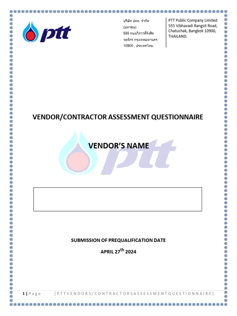 PTT Vendor Assessment Guide | PDF | Business | Technology & Engineering