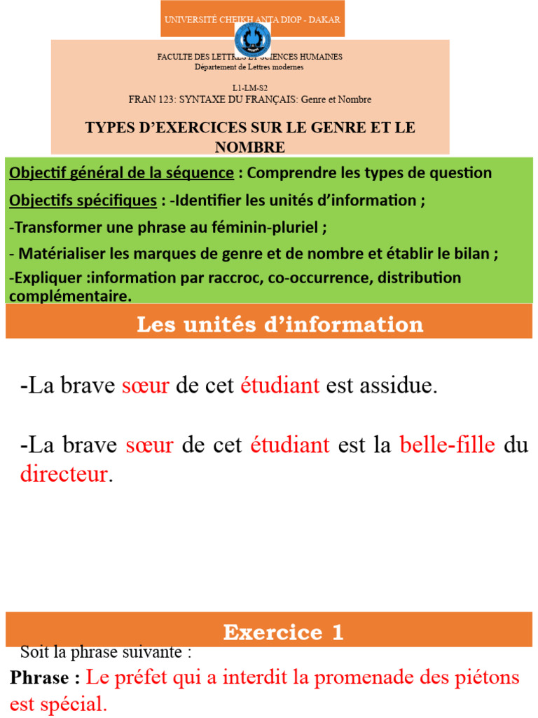 Pr sentation Cours PDF Genre Grammatical Phrase