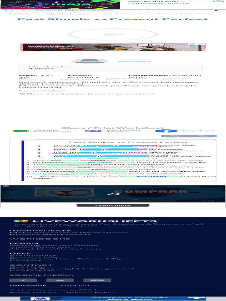 Past Simple Vs Present Perfect Online Worksheet Live Worksheets | PDF ...