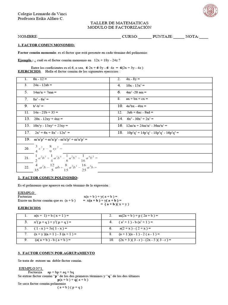 Guia De Factorización 2º A Pdf Factorización Análisis Numérico