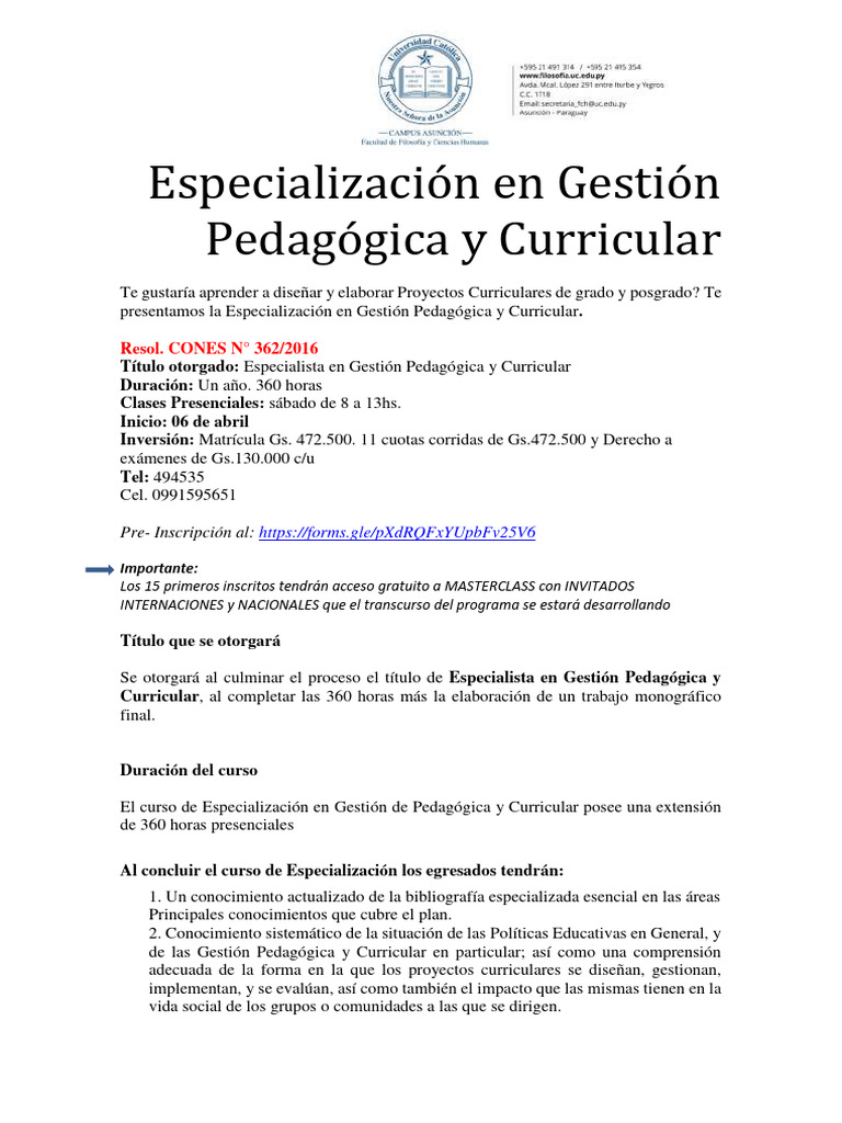 Especialización en Gestión Educativa | PDF | Plan de estudios | Pedagogía