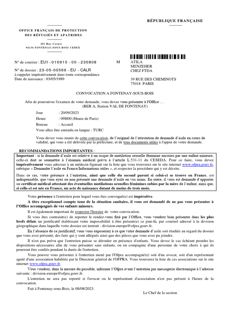 Convocation OFPRA à Fontenay-sous-Bois | PDF | Droit d'asile
