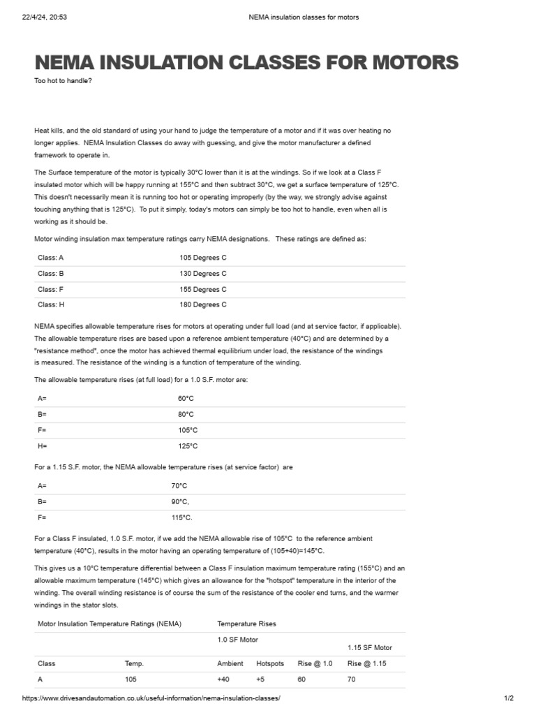 NEMA insulation classes for motors PDF Thermal Insulation Temperature