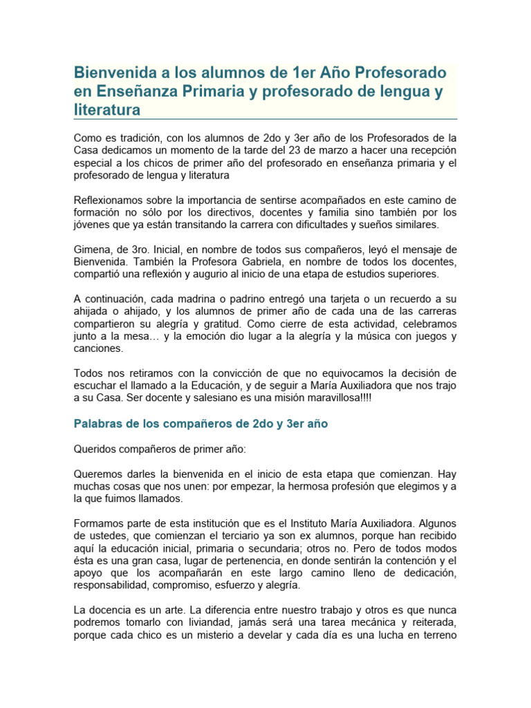 bienvenida a primer año | PDF | Enseñando | Maestros