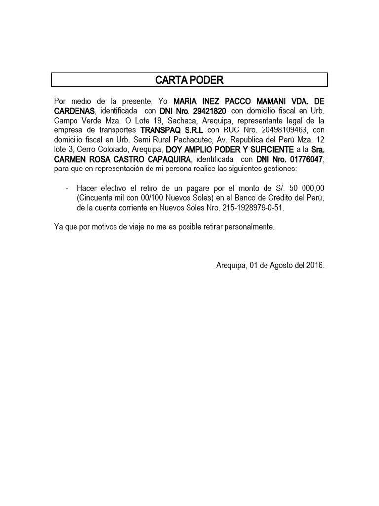Carta Poder para Cobrar Pagare BCP | PDF