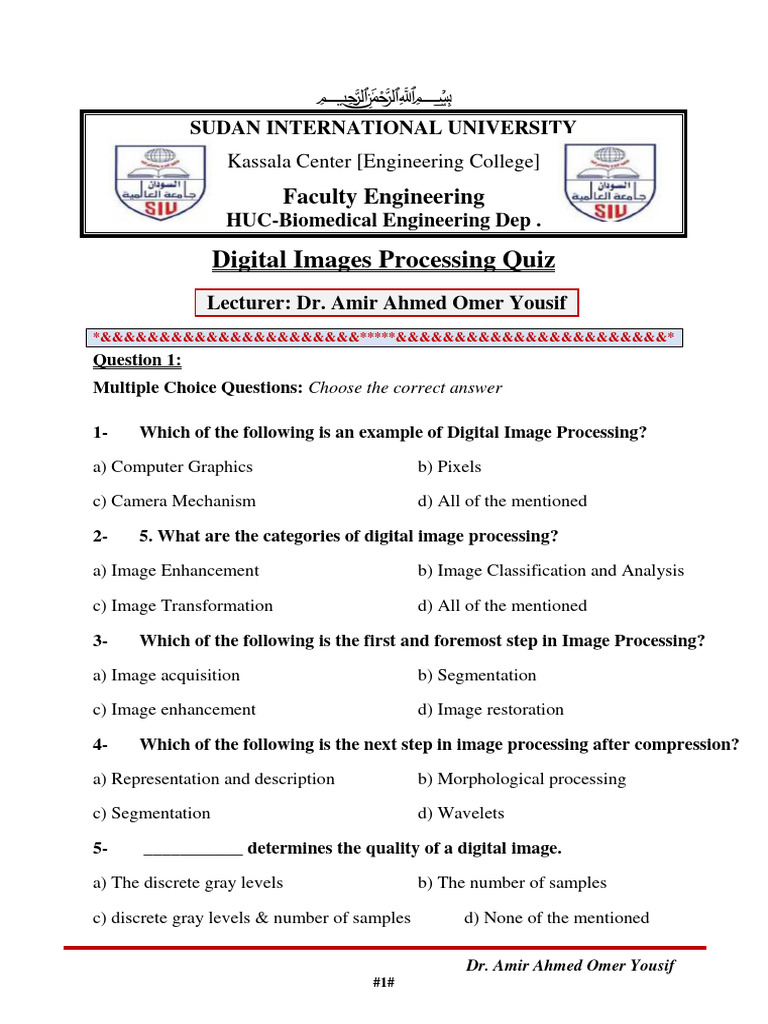 Digital Image Processing Quiz Guide | PDF | Digital Image | Image Editing