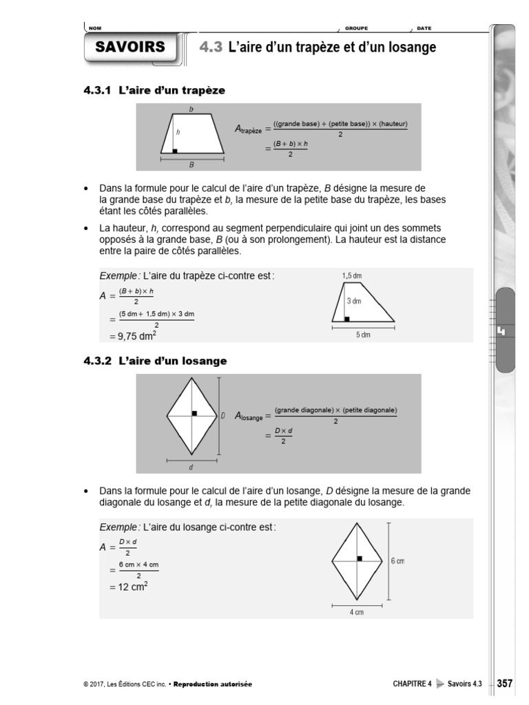 Aire d'un trapèze et d'un losange | PDF | Géométrie euclidienne | Géométrie