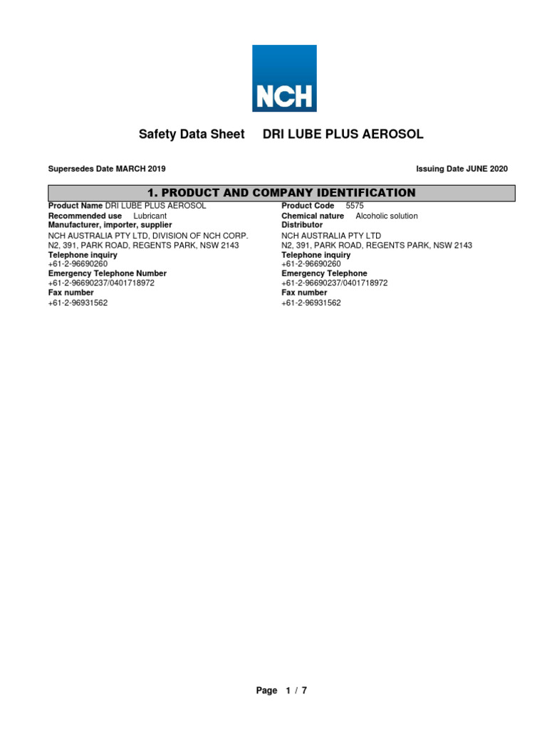 DRI LUBE PLUS AEROSOL Safety Data Sheet | PDF | Toxicity
