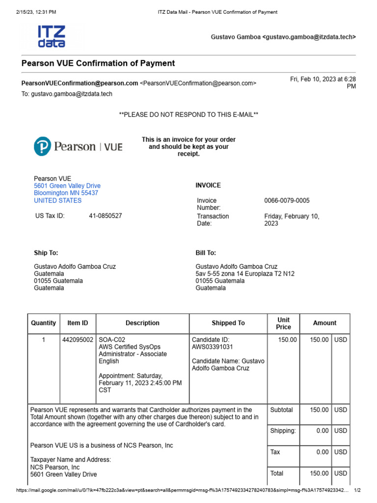 Pearson VUE Payment Confirmation Invoice | PDF | Value Added Tax | Invoice