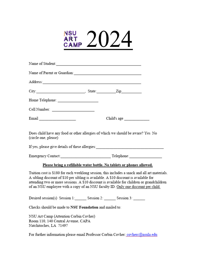 NSU Art Camp 2024 Registration Form | PDF