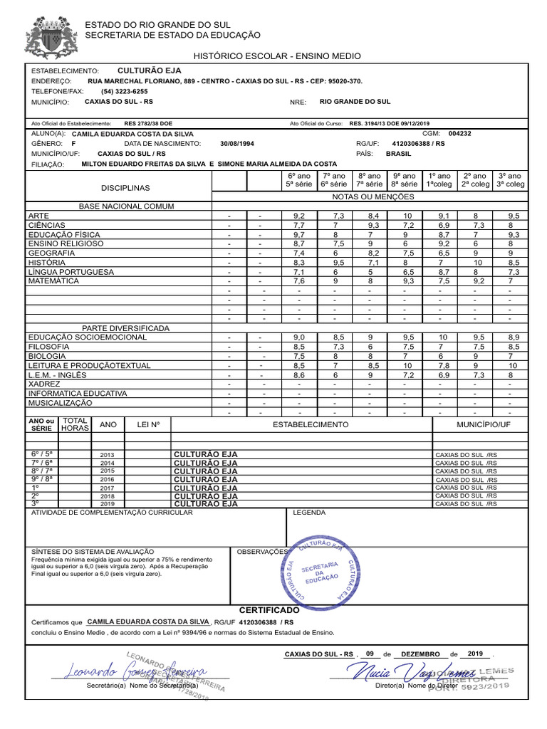 Historico Escolar Rs Camila | PDF