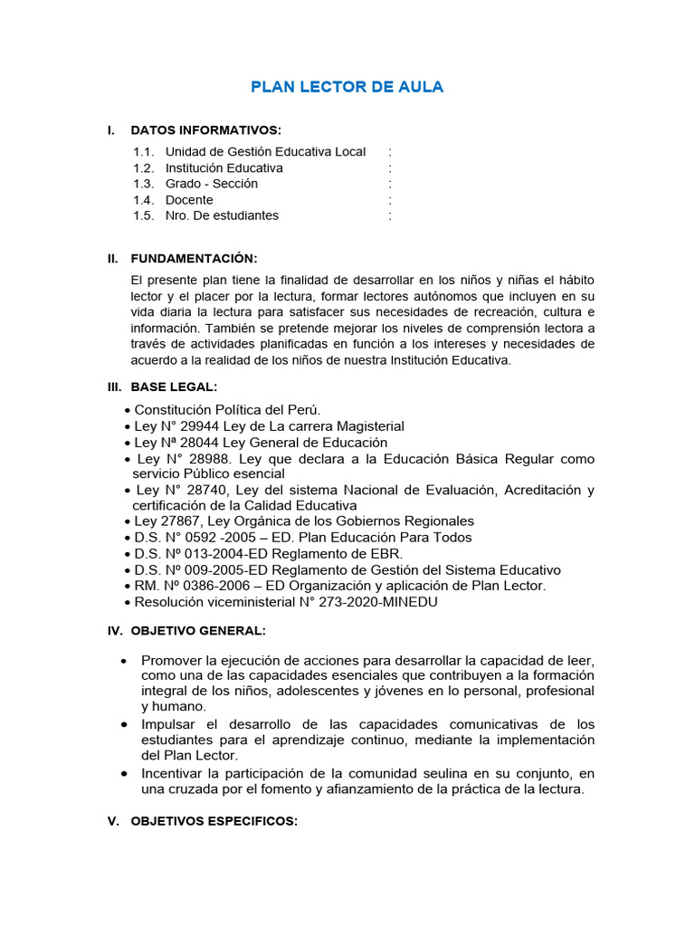 Plan Lector de Aula | PDF | Maestros | Salón de clases