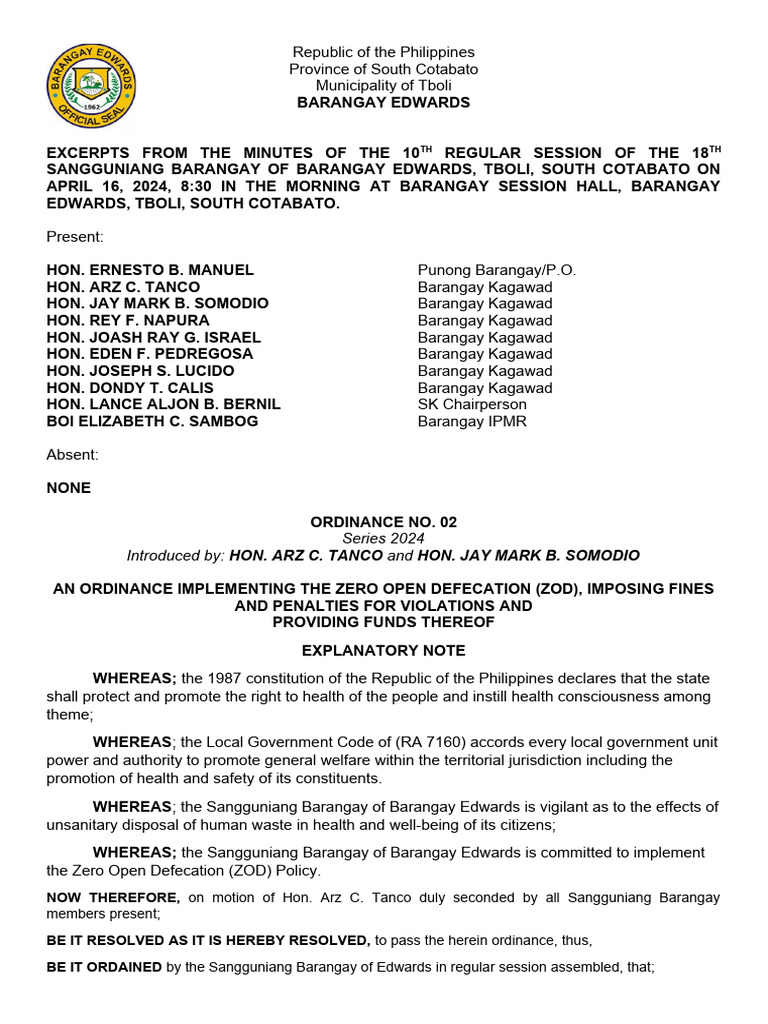 Zero Open Defecation Ordinance 2024 | PDF | Local Ordinance | Government