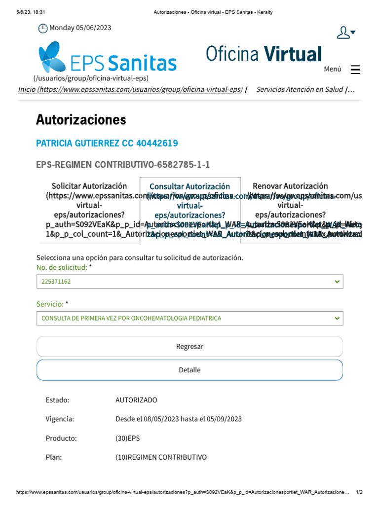 Autorizaciones Oficina Virtual EPS Sanitas Keralty PDF