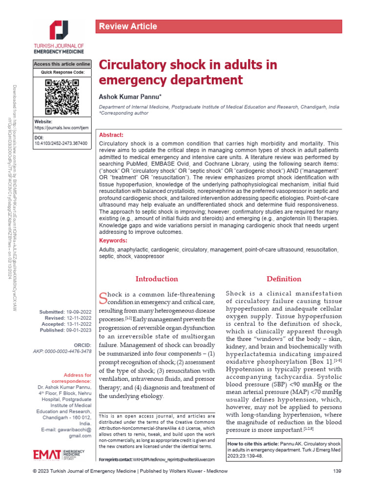 Circulatory Shock In Adults In Emergency 2 Pdf Shock Circulatory
