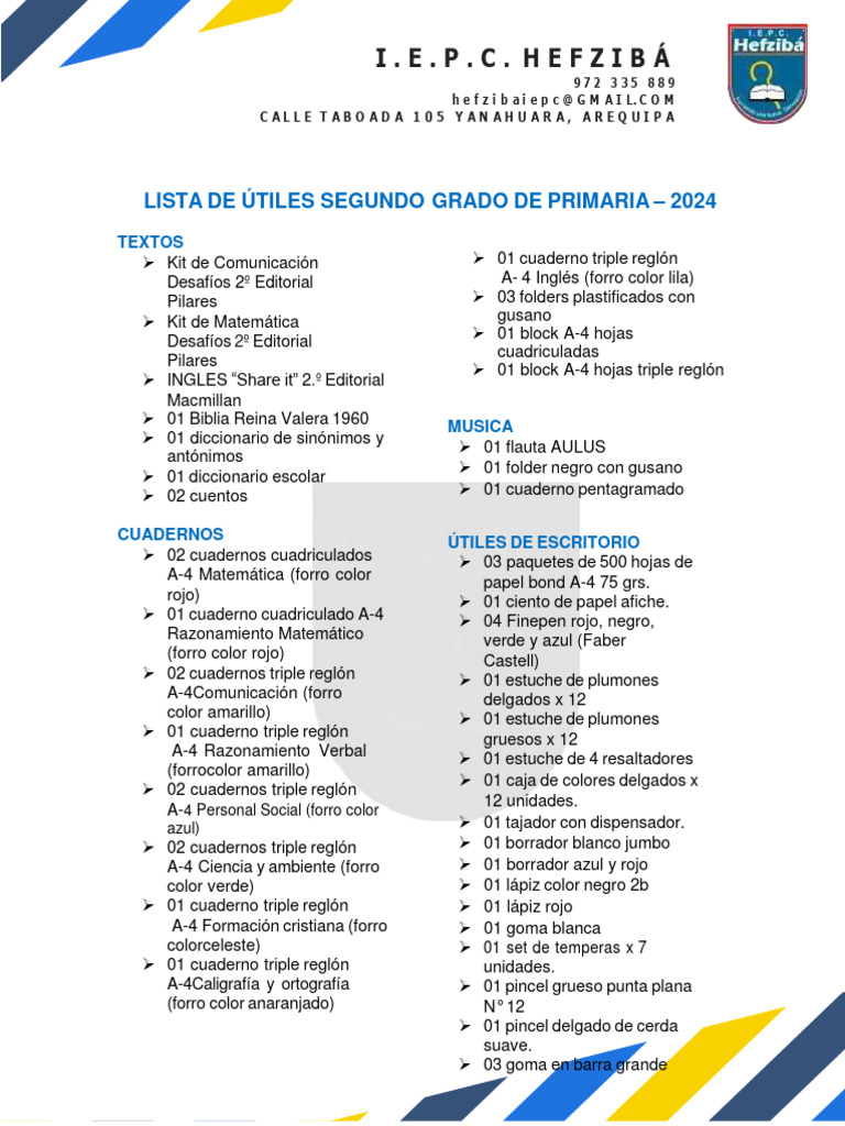 LISTA DE ÚTILES - Segundo Grado Primaria 2024 | Descargar gratis PDF ...