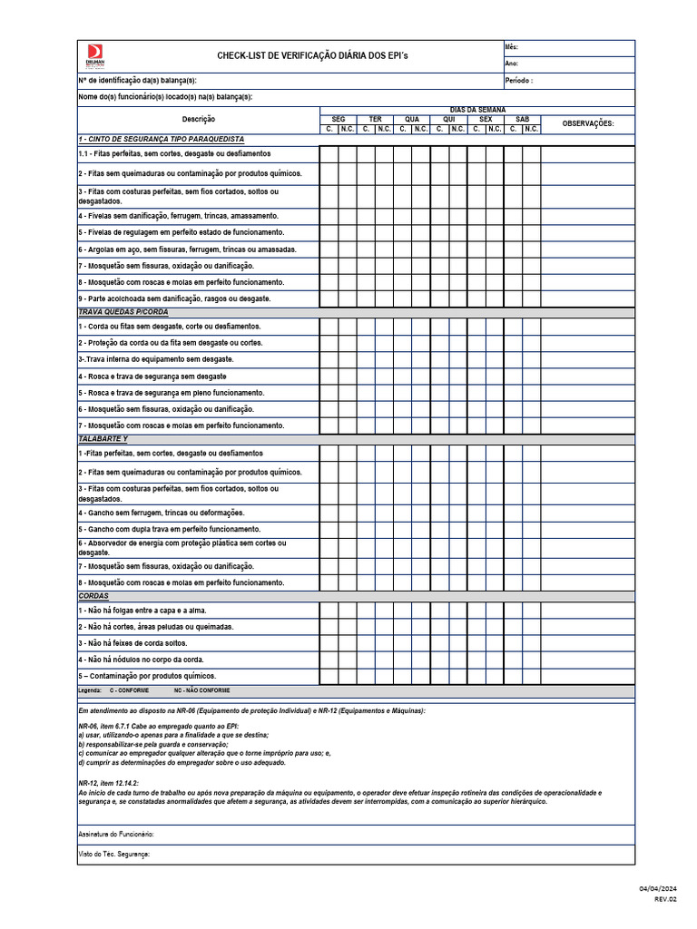 Check List de Inspeção Diaria Epi's | PDF