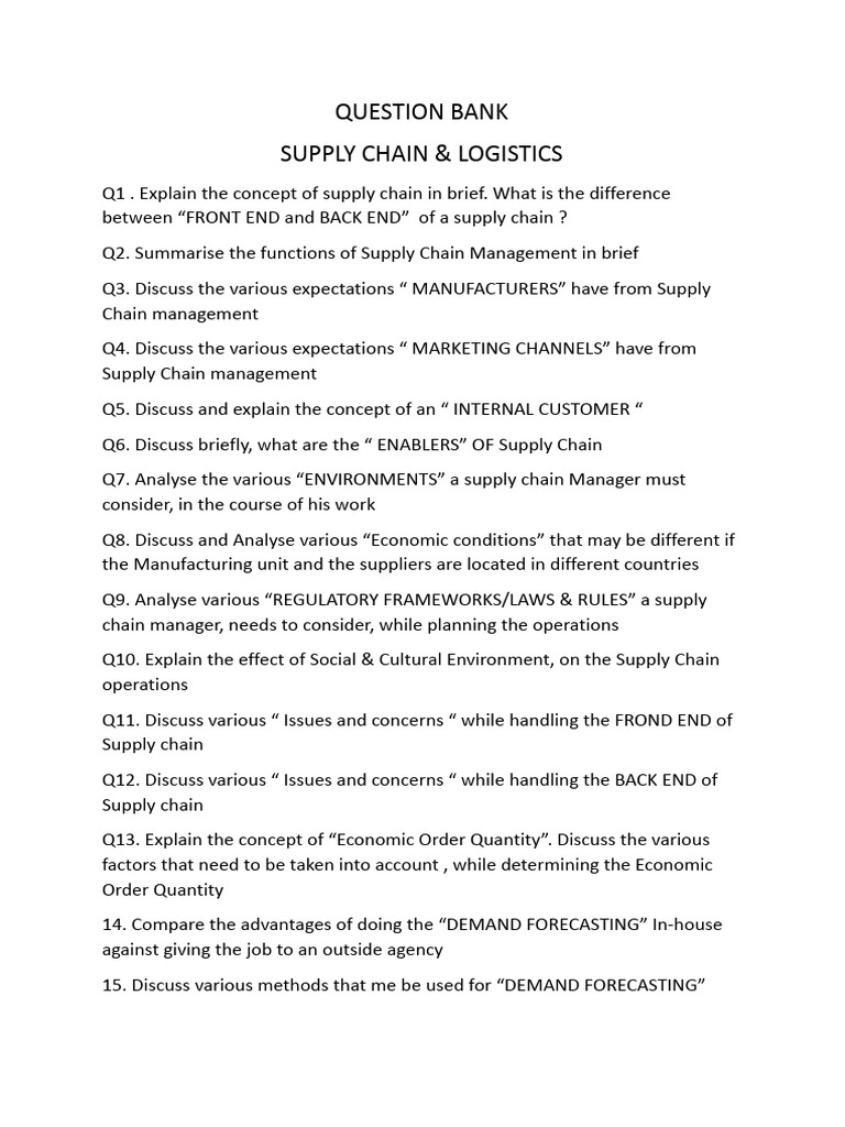QUESTION BANK SCM and LOGISTICS (4.3.24) | PDF | Supply Chain | Supply ...