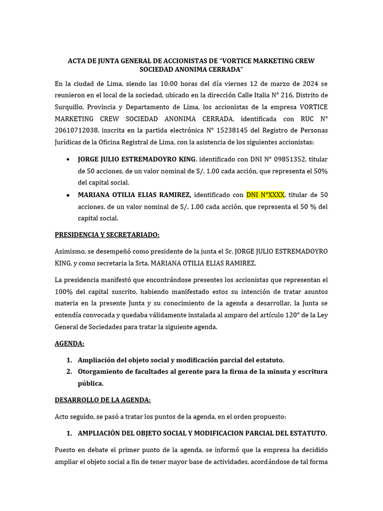 Acta de Ampliacion de Objeto Social | Descargar gratis PDF | Business ...