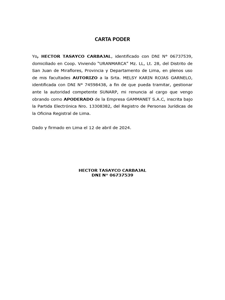 Carta Poder para Renuncia de Apoderado | PDF