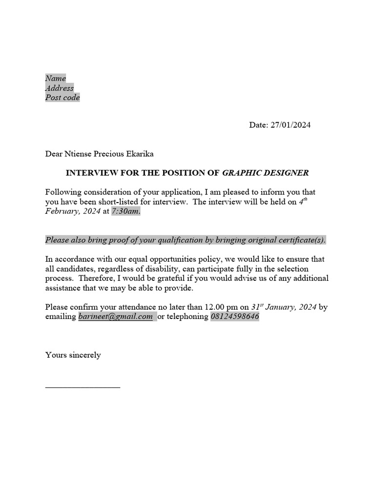 2G Sample Letter of Invitation To First Interview | PDF | Career & Growth