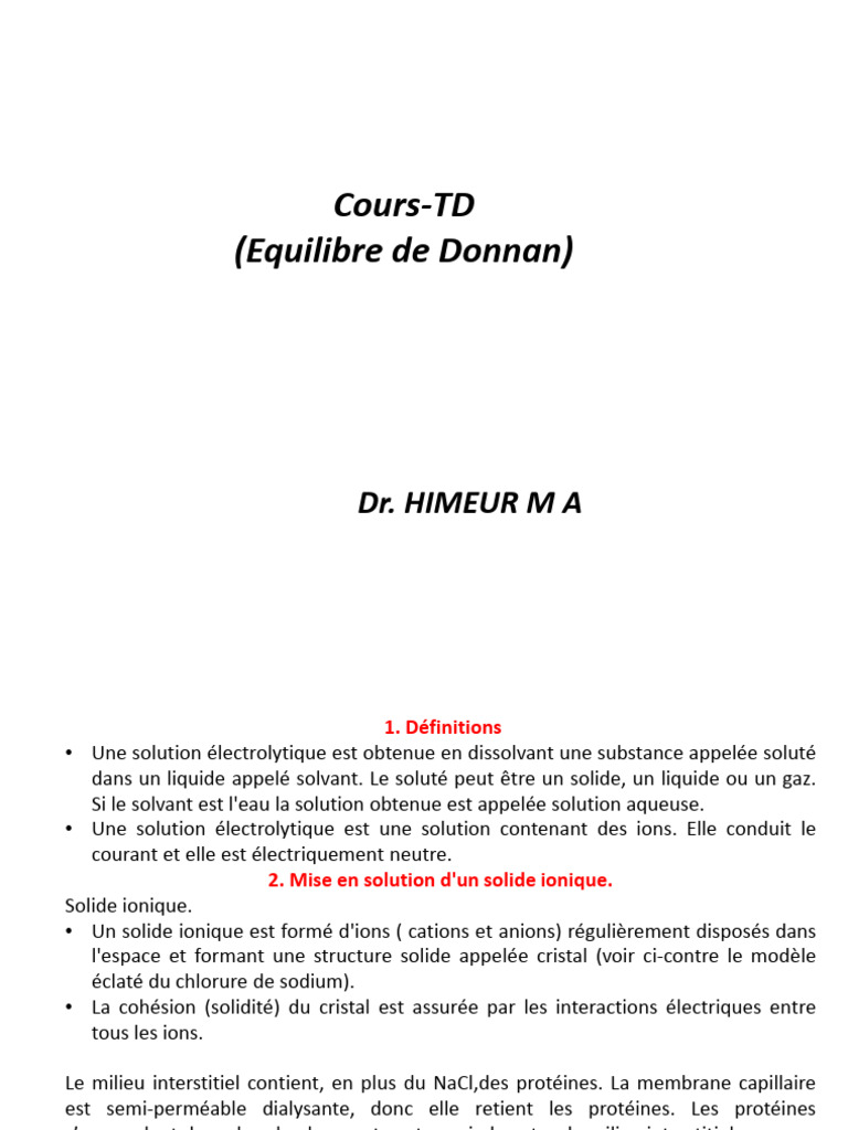 Équilibre de Donnan et Potentiel Ionique PDF Ion Membrane cellulaire — free download