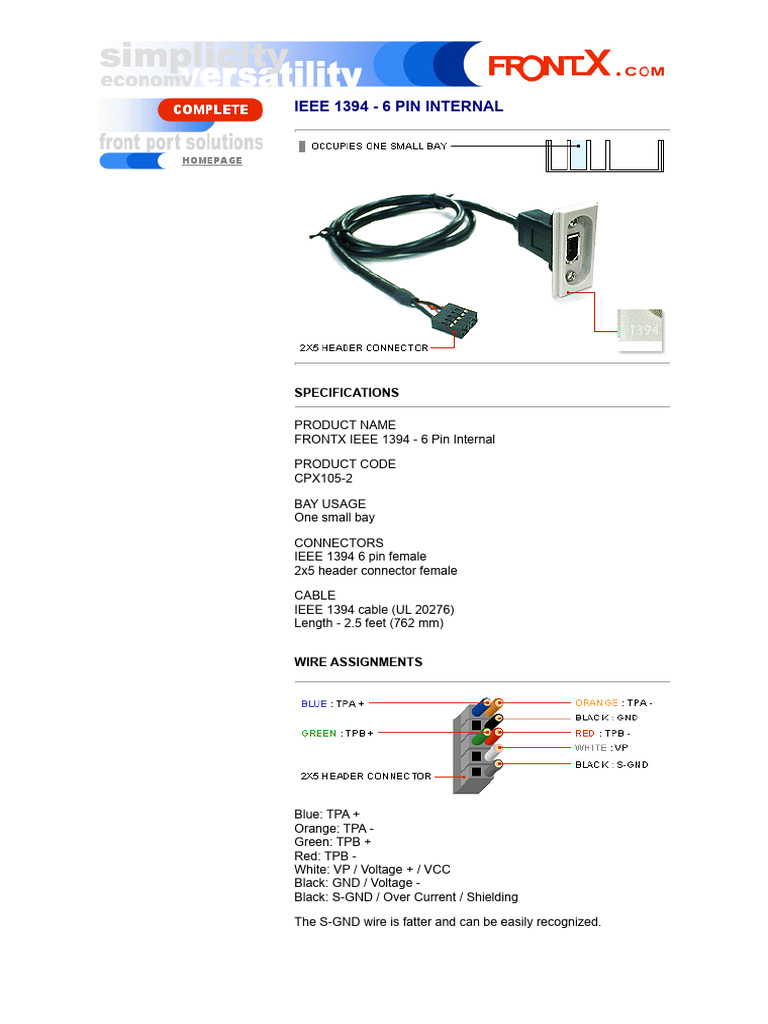 FRONTX IEEE 1394 (Firewire) Cable Connect To Motherboard Header (Pinout) PDF