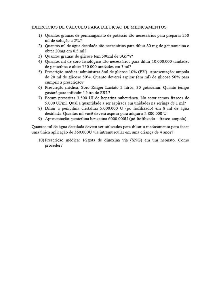 EXERCÍCIOS DE CÁLCULO PARA DILUIÇÃO DE MEDICAMENTOS | PDF