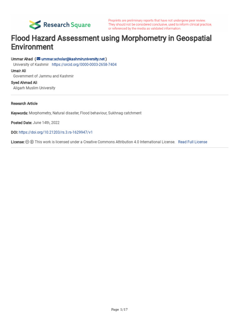 Flood Hazard Assessment Using Morphometry in Geosp | PDF | Drainage ...