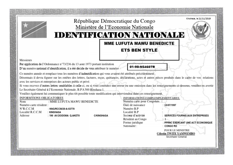 Numéro d'Identification Nationale RDC | PDF | République démocratique ...