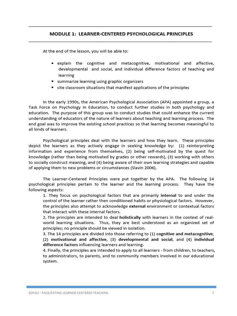 Learner-Centered Teaching Principles | PDF | Learning | Motivational
