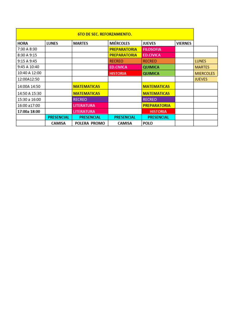 Horario de Reforzamiento 6to Secundaria | PDF | Estudios de idiomas ...