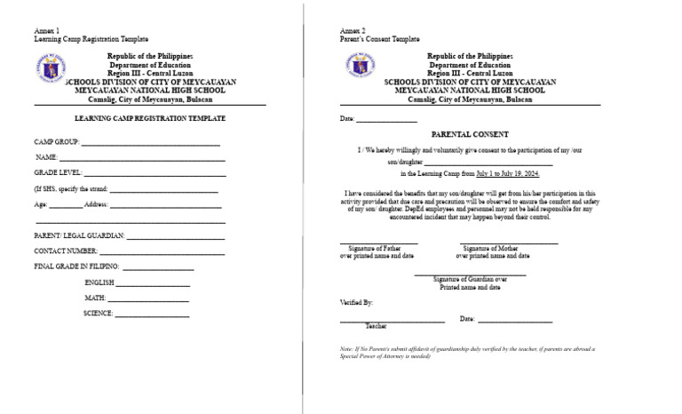 Learning Camp Registration & Consent Forms | PDF | Parenting | Family