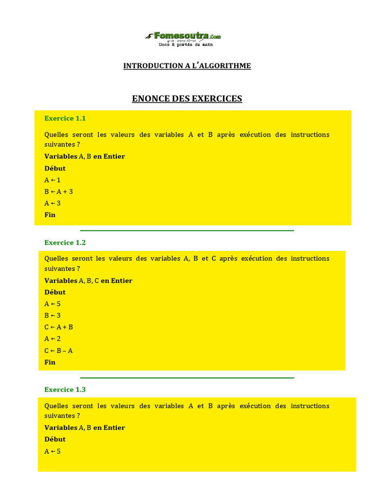 Introduction aux Algorithmes et Exercices | PDF | Programmation ...