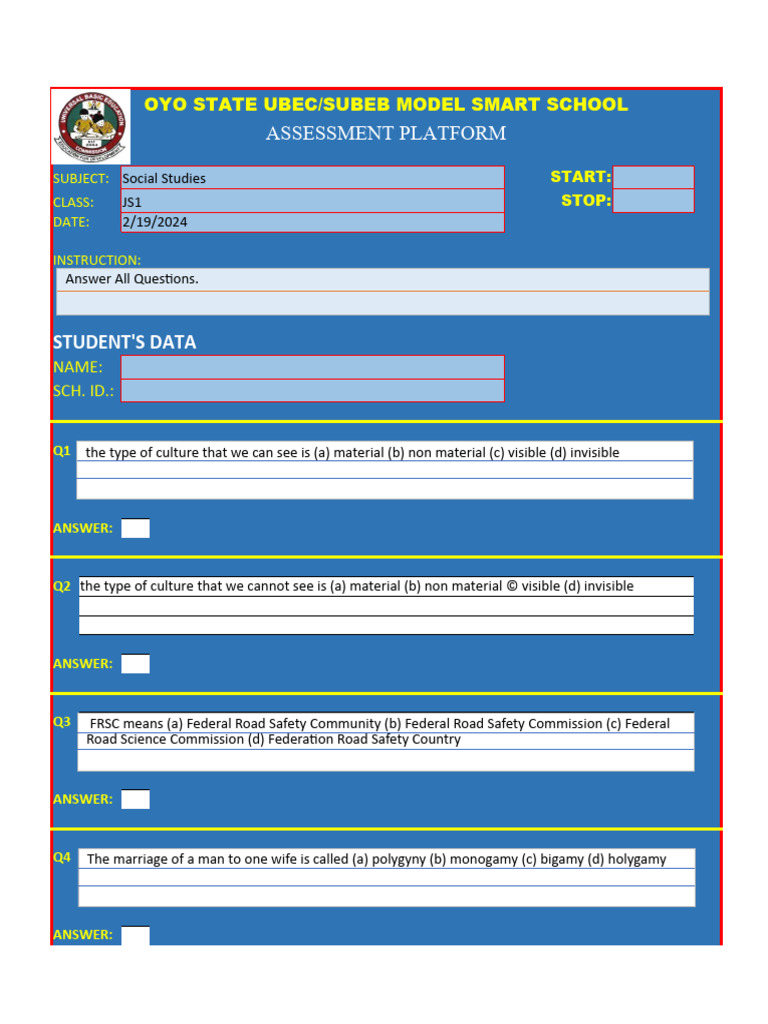 JS1 SOCIAL STUDIES TEST PDF