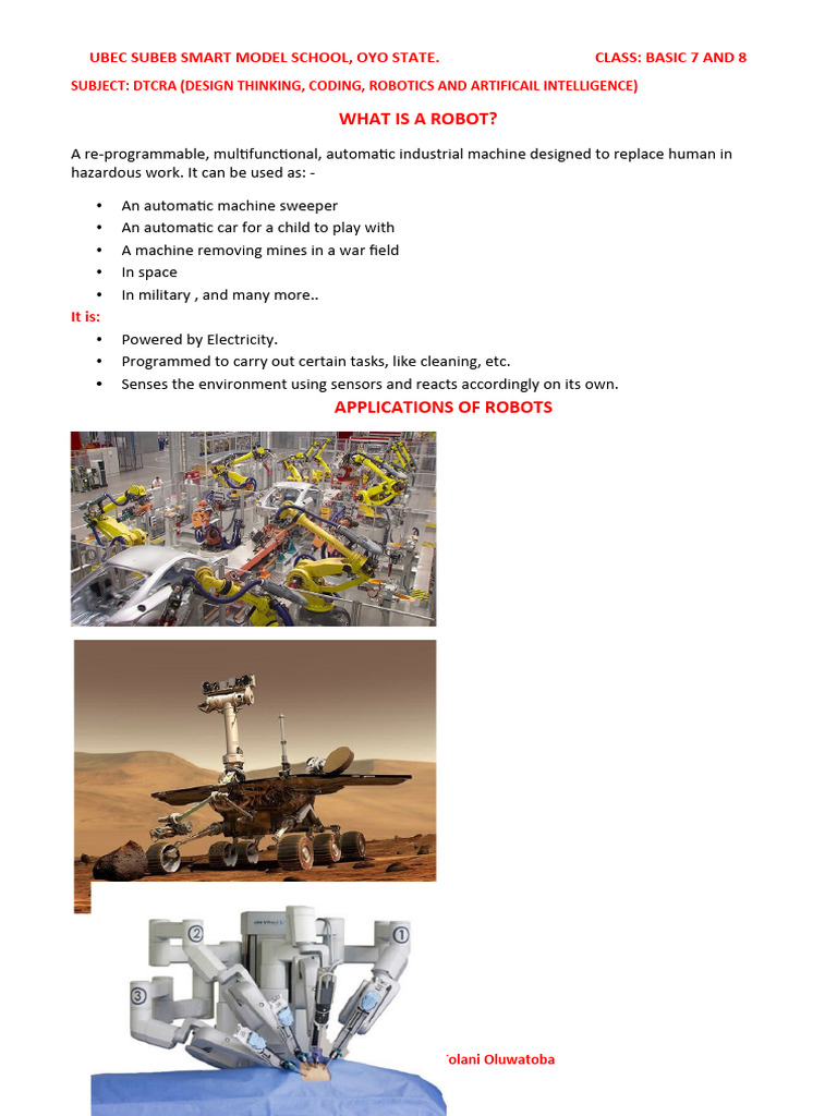 Introduction to Robotics for Class 7 | PDF | Intelligence (AI ...