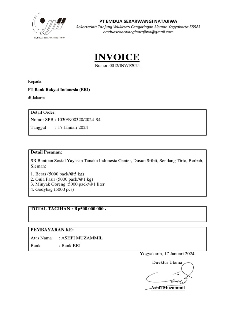Invoice dan Pernyataan Non PKP BRI 2024 | PDF