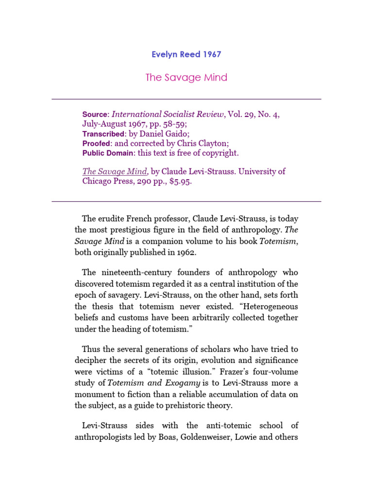 Evelyn Reed 1967-The Savage Mind | Download Free PDF | Kinship ...