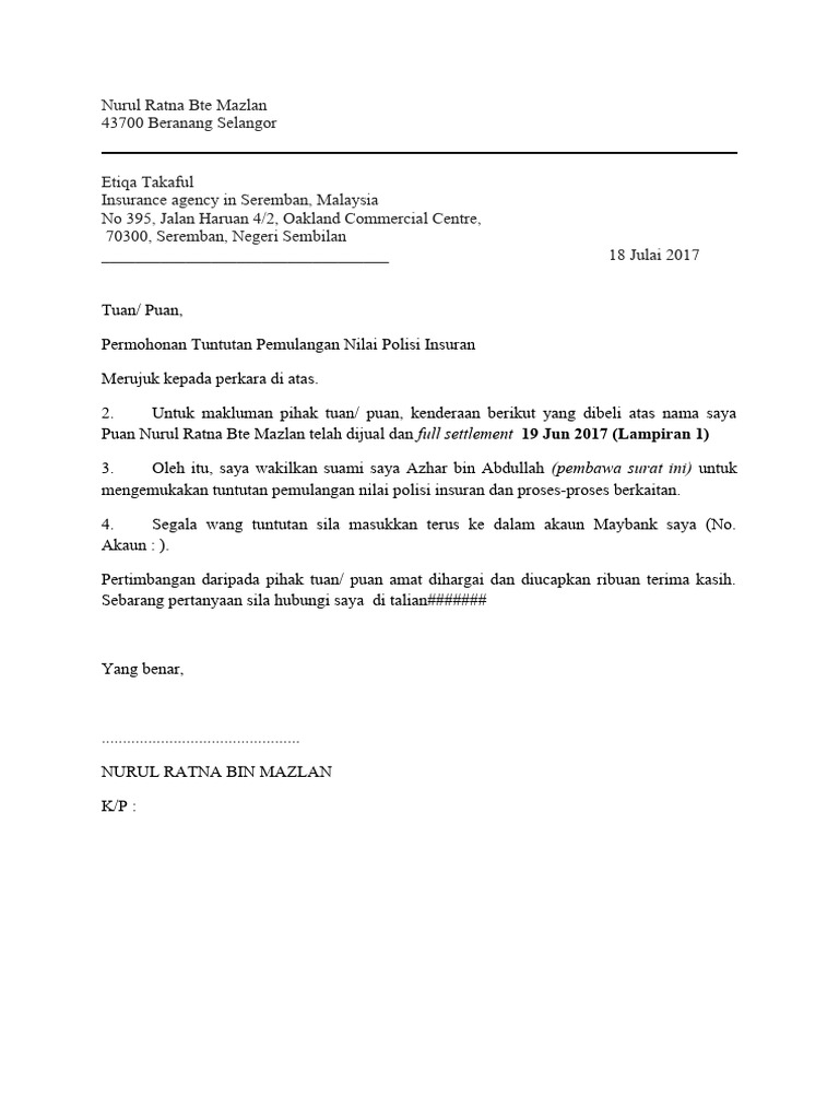 Surat Permohonan Tuntutan Pemulangan Nilai Polisi Insuran Kepada ...
