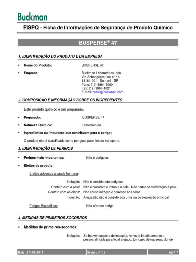 Ficha de Segurança do BUSPERSE 47 | PDF | Embalagem e rotulagem | Food ...