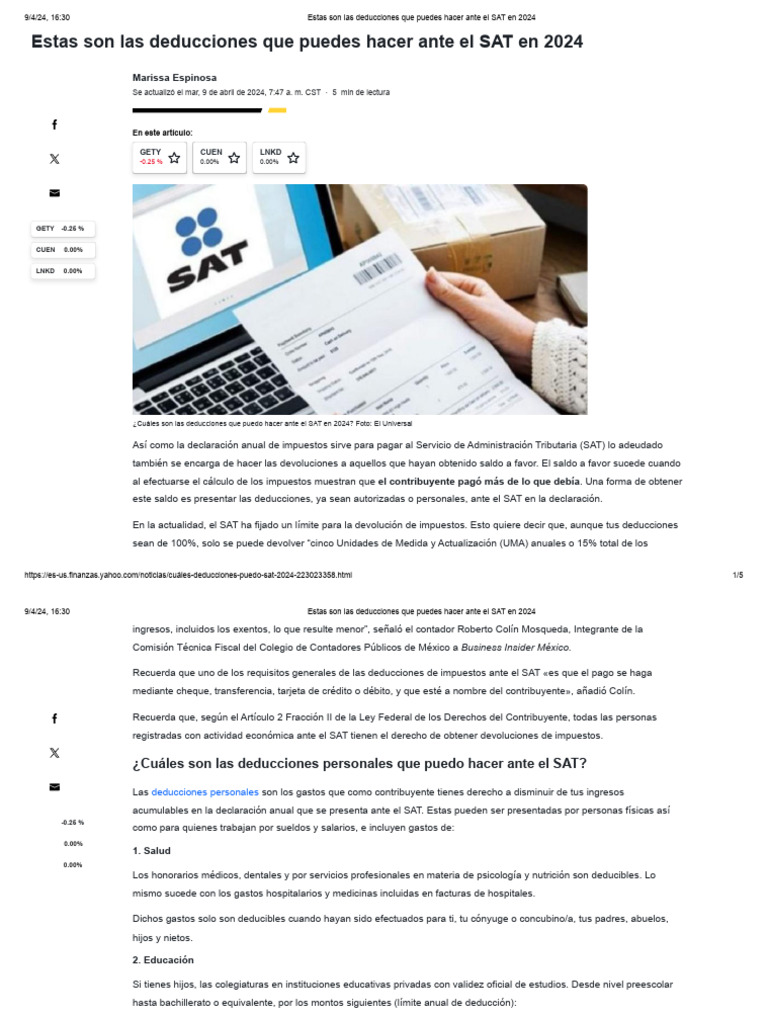 Estas Son Las Deducciones Que Puedes Hacer Ante El SAT en 2024 | PDF ...
