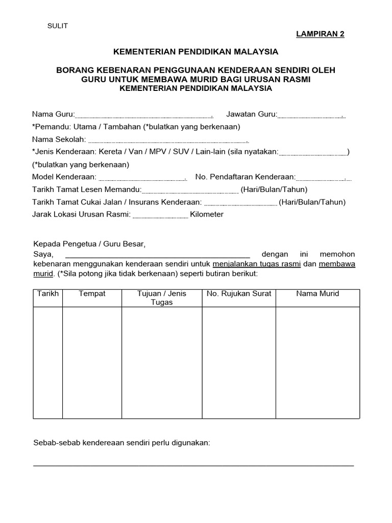 Borang Kebenaran Membawa Kenderaan Sendiri Membawa Murid | PDF