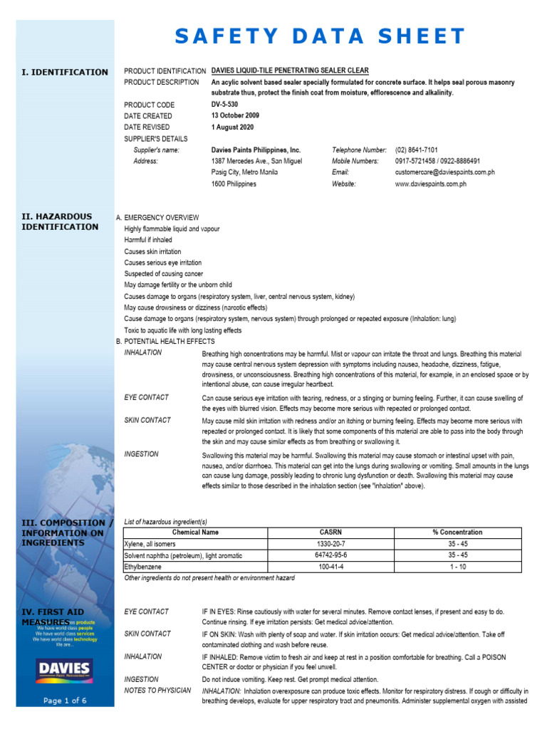Davies 5 530 liquid tile penetrating sealer clear sds pdf dangerous