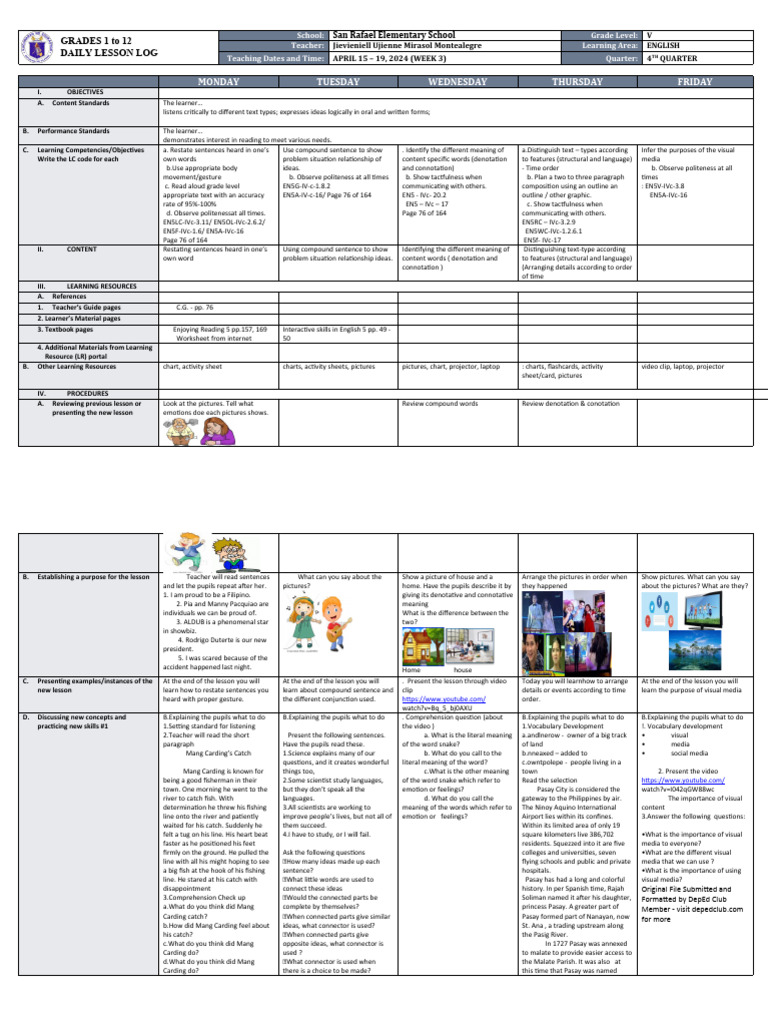 DLL - English 5 - Q4 - W3 | PDF | Vocabulary | Reading Comprehension